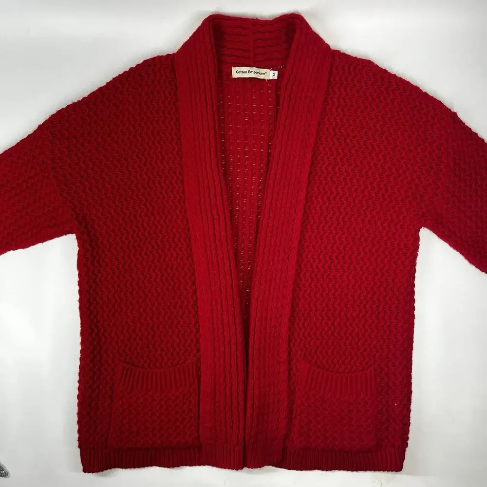 Red Knit Cardigan Sweater Open Front Women’s Size Medium Cotton Emporium - Picture 3 of 9